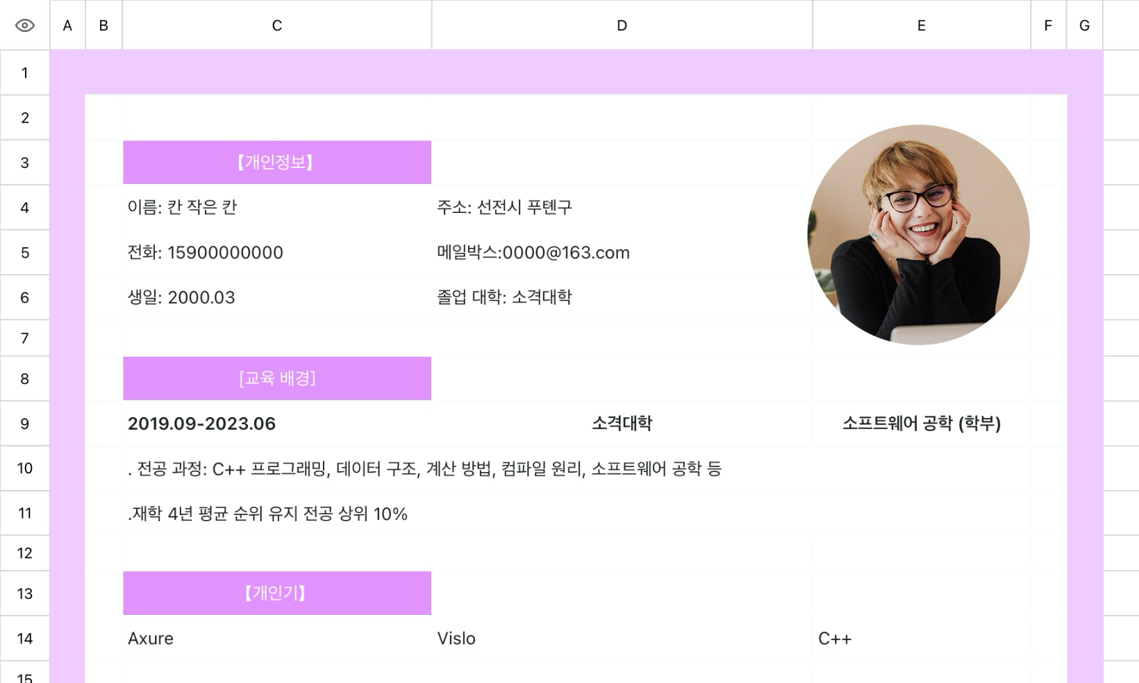 기업 실습생 약식 이력서